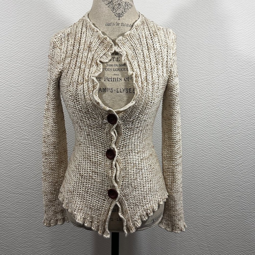 BCBGMAXAZRIA 3 button cardigan scalloped edges Variegated tans Oatmeal "Jane"